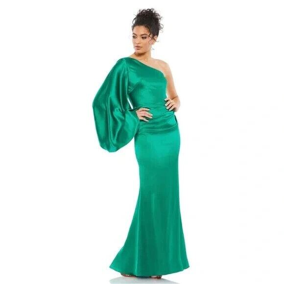 MAC DUGGAL 26588 SATIN‎ PUFF SLEEVE ONE SHOULDER EMERALD GREEN GOWN sz 6 - Picture 3 of 9
